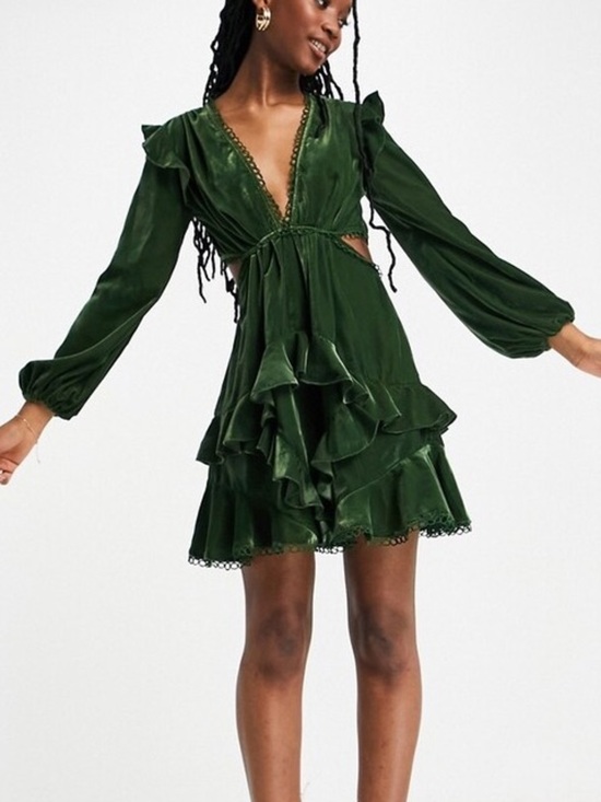 ASOS Dresses & Skirts - ASOS Emerald Green Velvet Ruffle Romantic Mini Dress Size 4